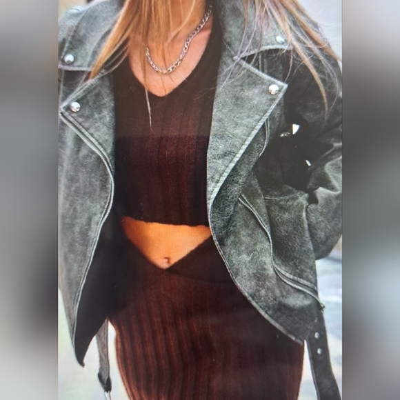 LARGE.   SHEIN FAUX DISTRESSED LEATHER BELTED JACKET - Picture 2 of 11